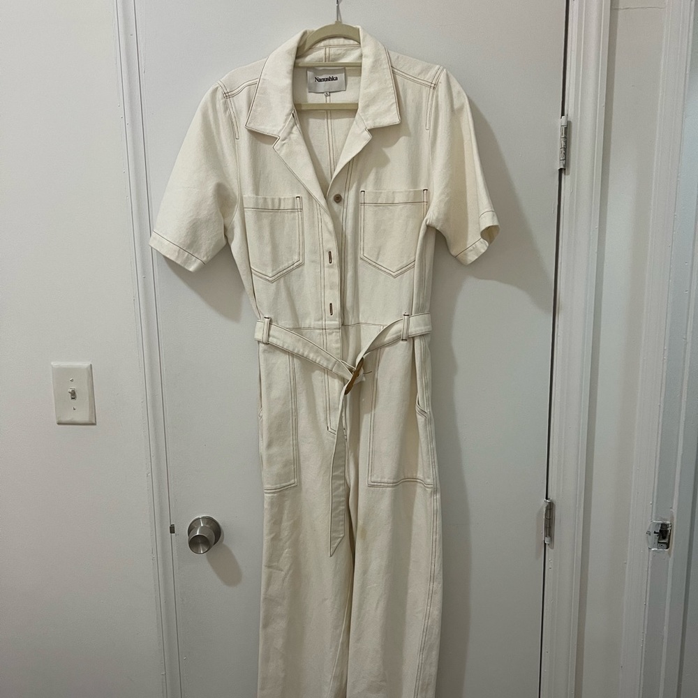 Nanushka white ivory denim Jean jumpsuit